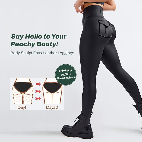 A split-screen comparison showing the transformative fit of faux leather leggings alongside a social proof badge and benefit-driven headline.
